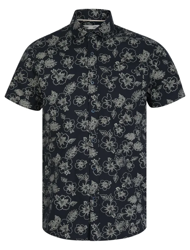 Hibisco Tropical Print Short Sleeve Cotton Hawaiian Shirt in Sky Captain Navy - Tokyo Laundry sold by Tokyo Laundry