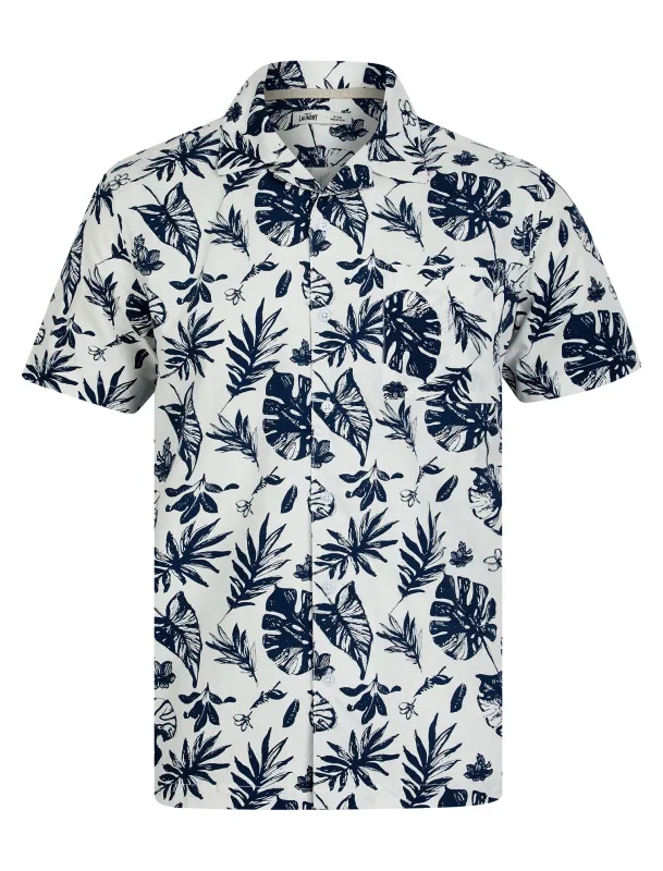 Patron de Hojas Tropical Palm Print Short Sleeve Open Collar Cotton Hawaiian Shirt in Snow White - Tokyo Laundry sold by Tokyo Laundry