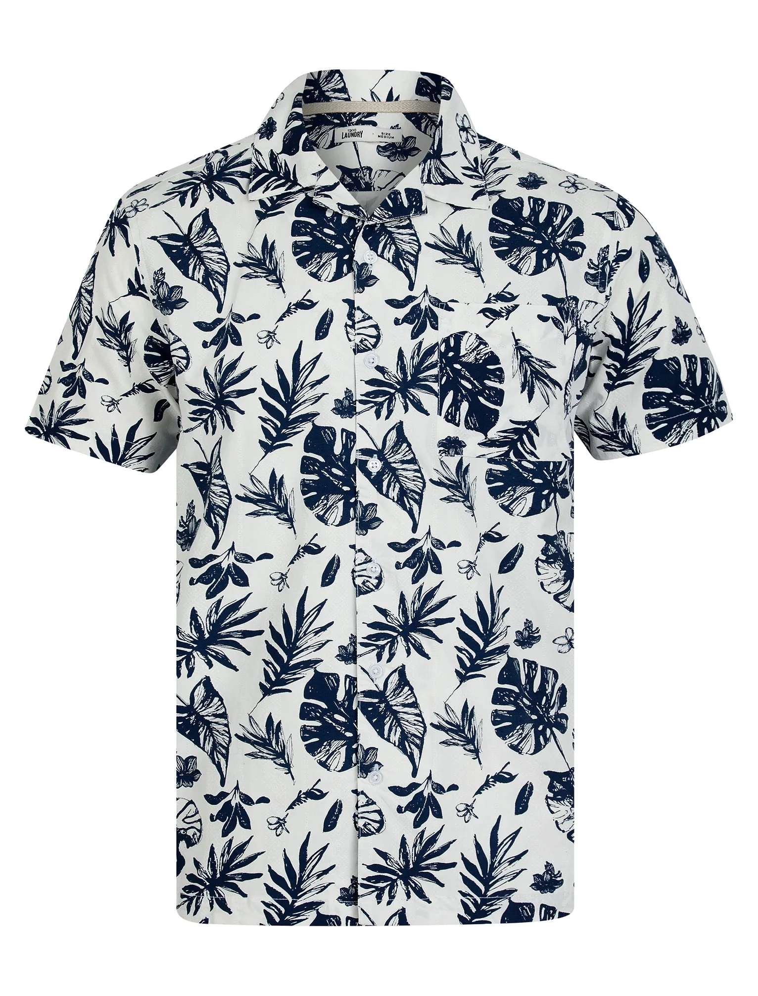 Patron de Hojas Tropical Palm Print Short Sleeve Open Collar Cotton Hawaiian Shirt in Snow White - Tokyo Laundry sold by Tokyo Laundry
