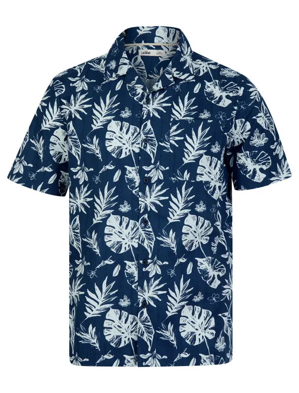 Patron de Hojas Tropical Palm Print Short Sleeve Open Collar Cotton Hawaiian Shirt in Ensign Blue - Tokyo Laundry sold by Tokyo Laundry
