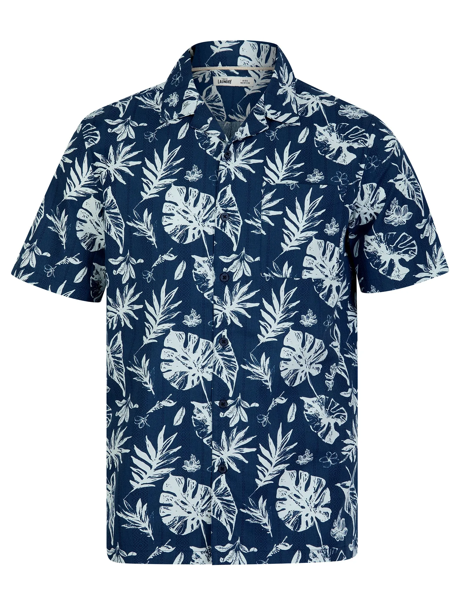 Patron de Hojas Tropical Palm Print Short Sleeve Open Collar Cotton Hawaiian Shirt in Ensign Blue - Tokyo Laundry sold by Tokyo Laundry