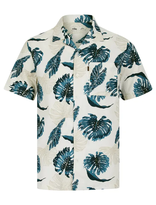 Hoja Tropical Palm Print Short Sleeve Open Collar Cotton Hawaiian Shirt in Blue Leaf - Tokyo Laundry sold by Tokyo Laundry