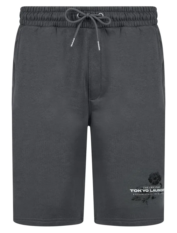 Redact Graphic Motif Brushback Fleece Jogger Shorts in Quiet Shade Grey - Tokyo Laundry sold by Tokyo Laundry
