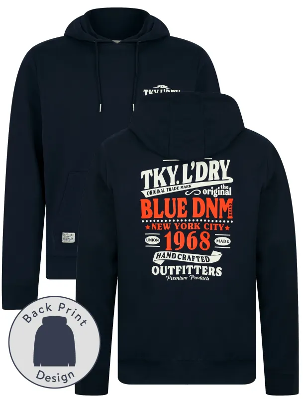 Marland Graphic Motif Brushback Fleece Pullover Hoodie with Back Print in Sky Captain Navy - Tokyo Laundry sold by Tokyo Laundry