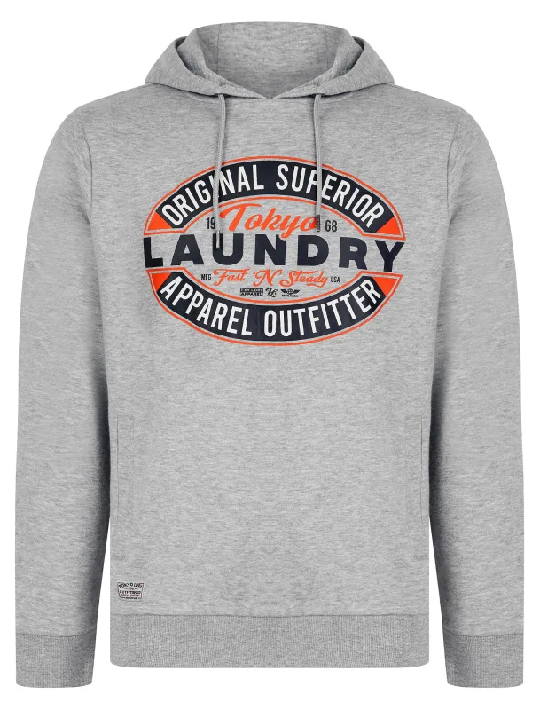 Haig Graphic Motif Brushback Fleece Pullover Hoodie in Light Grey Marl - Tokyo Laundry sold by Tokyo Laundry