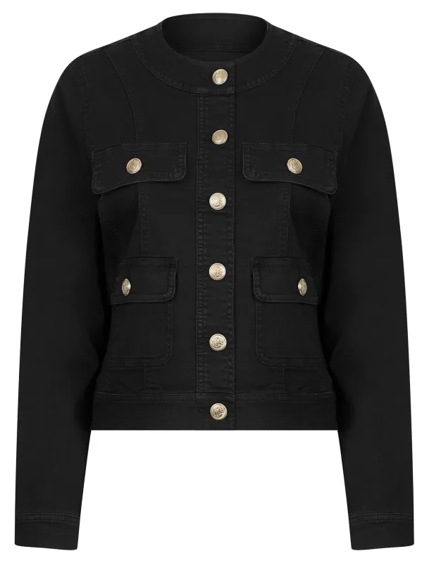 Morlich Women's Stretch Cotton Collarless Denim Jacket in Black - Amara Reya sold by Tokyo Laundry