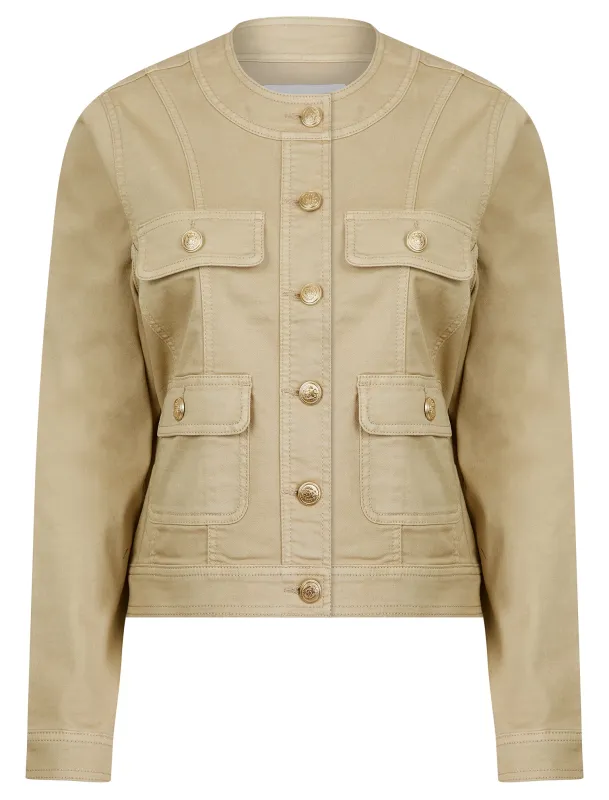 Morlich Women's Stretch Cotton Collarless Denim Jacket in Taupe - Amara Reya made by Tokyo Laundry