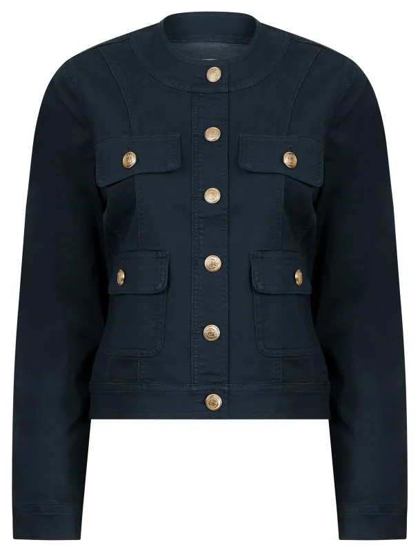 Morlich Women's Stretch Cotton Collarless Denim Jacket in Navy Blazer - Amara Reya sold by Tokyo Laundry