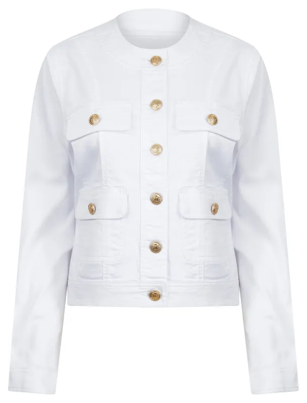 Morlich Women's Stretch Cotton Collarless Denim Jacket in Optic White - Amara Reya sold by Tokyo Laundry