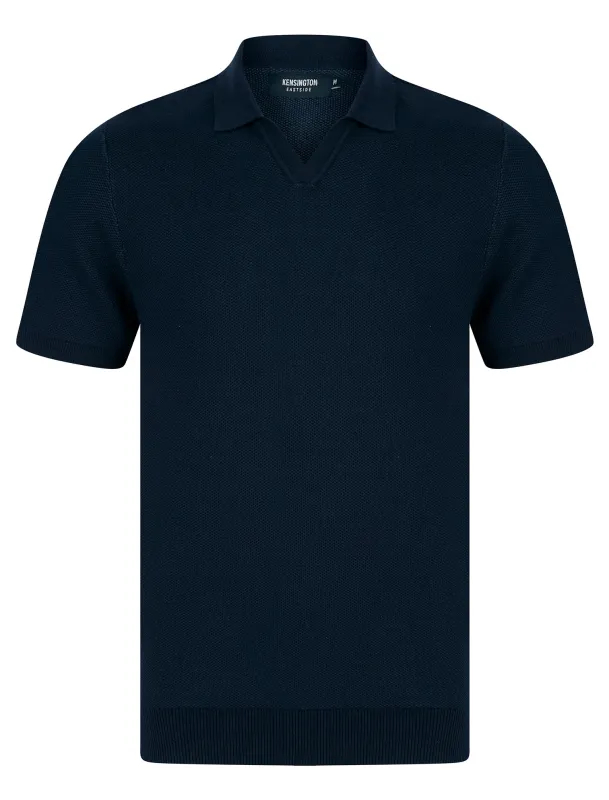 Goodwins Textured Weave Knitted Cotton Open Collar Polo Shirt in Evening Dusk - Kensington Eastside made by Tokyo Laundry