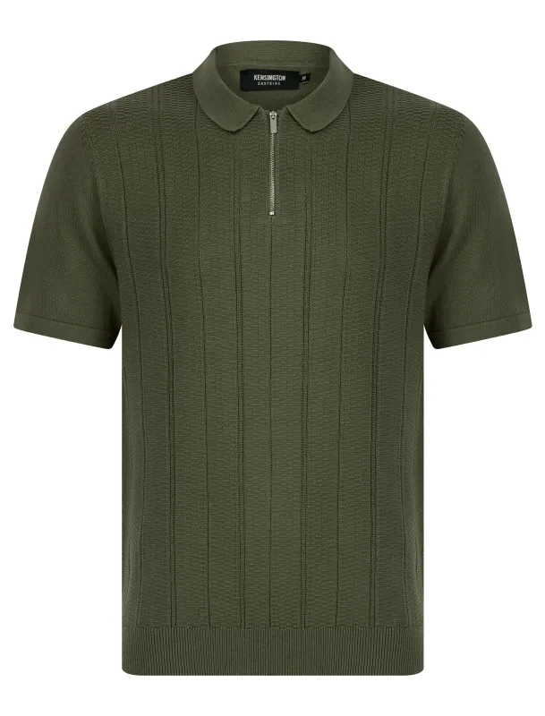 Harvers Knitted Cotton Textured Stripe Polo Shirt with Zip Fasten Collar in Khaki - Kensington Eastside made by Tokyo Laundry