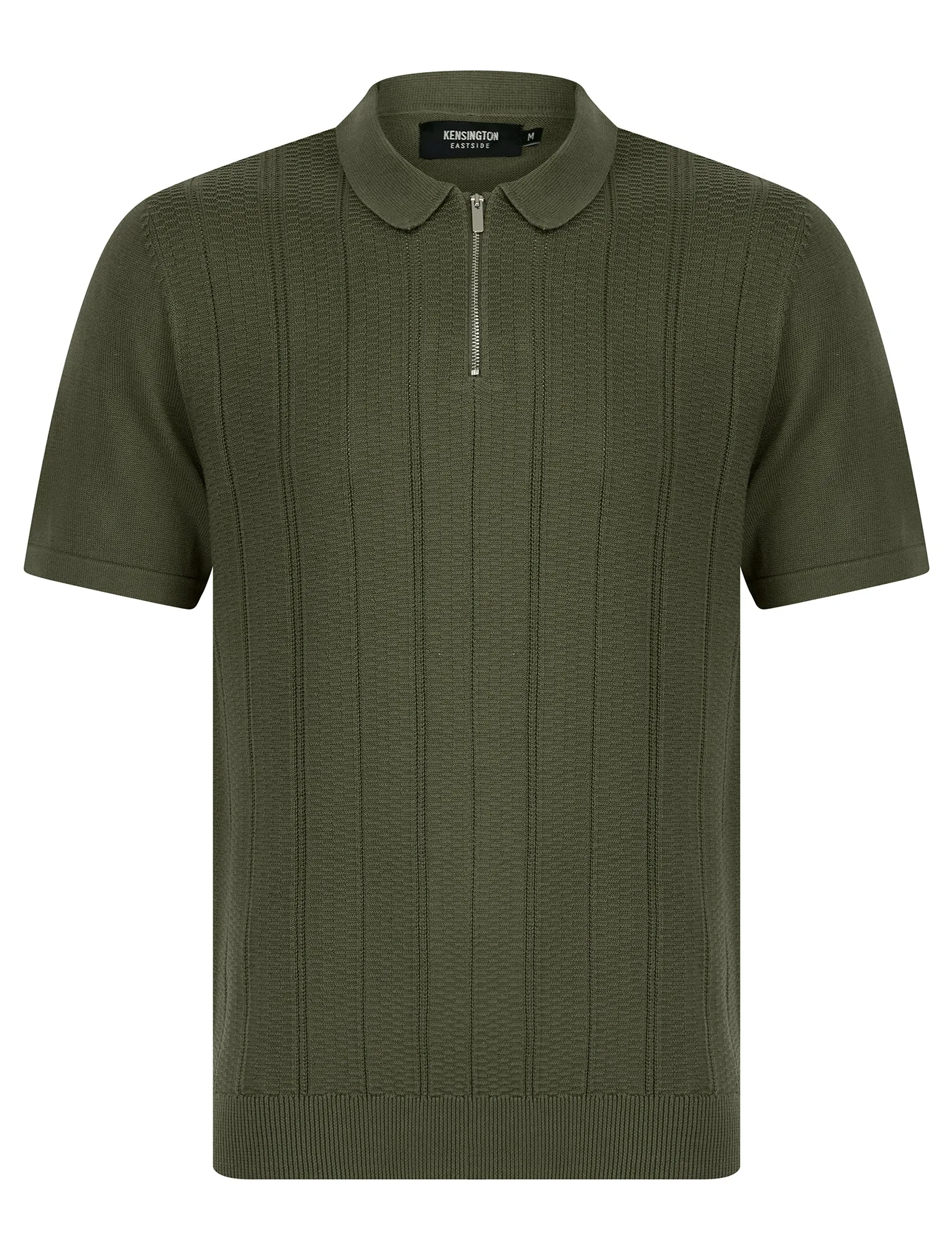 Harvers Knitted Cotton Textured Stripe Polo Shirt with Zip Fasten Collar in Khaki - Kensington Eastside sold by Tokyo Laundry