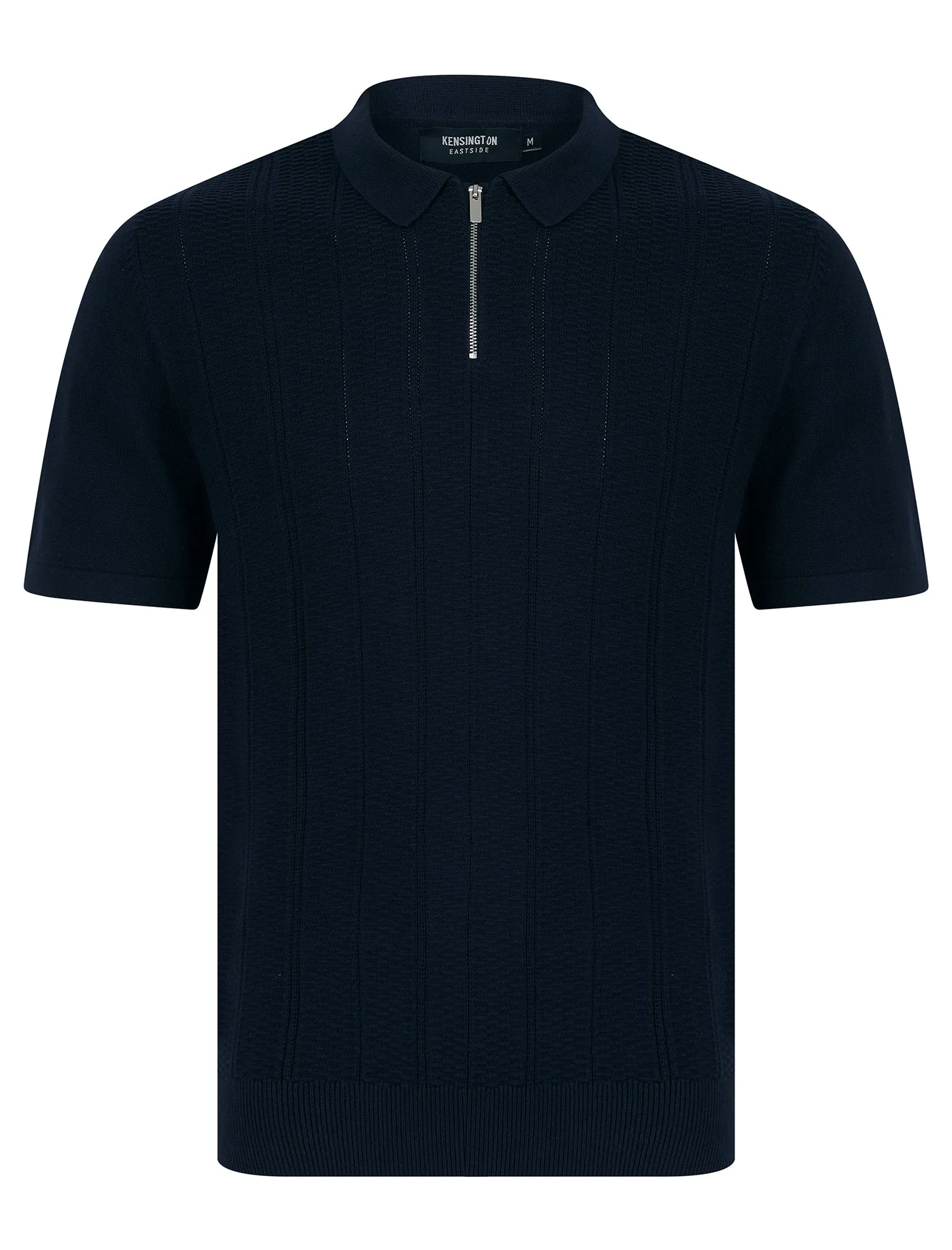 Harvers Knitted Cotton Textured Stripe Polo Shirt with Zip Fasten Collar in Evening Dusk - Kensington Eastside sold by Tokyo Laundry