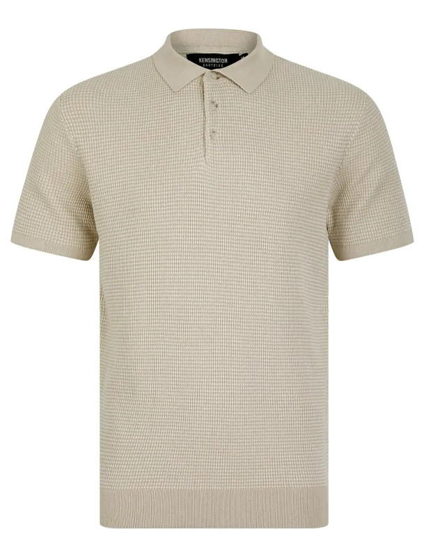Ings Textured Birds-Eye Weave Knitted Cotton Polo Shirt in Stone - Kensington Eastside sold by Tokyo Laundry