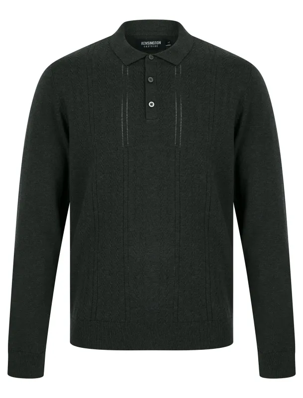 Wrubel Long Sleeve Knitted Cotton Textured Pointelle Stitch Polo Shirt in Charcoal Marl - Kensington Eastside sold by Tokyo Laundry