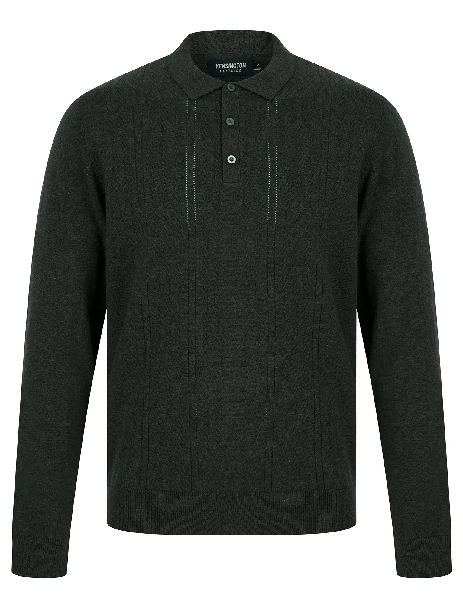 Wrubel Long Sleeve Knitted Cotton Textured Pointelle Stitch Polo Shirt in Charcoal Marl - Kensington Eastside sold by Tokyo Laundry