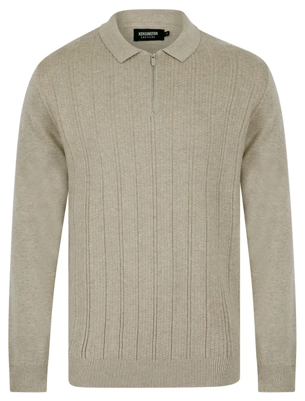Bowditch Long Sleeve Knitted Cotton Textured Stripe Polo Shirt with Zip Fasten Collar in Stone Marl - Kensington Eastside sold by Tokyo Laundry