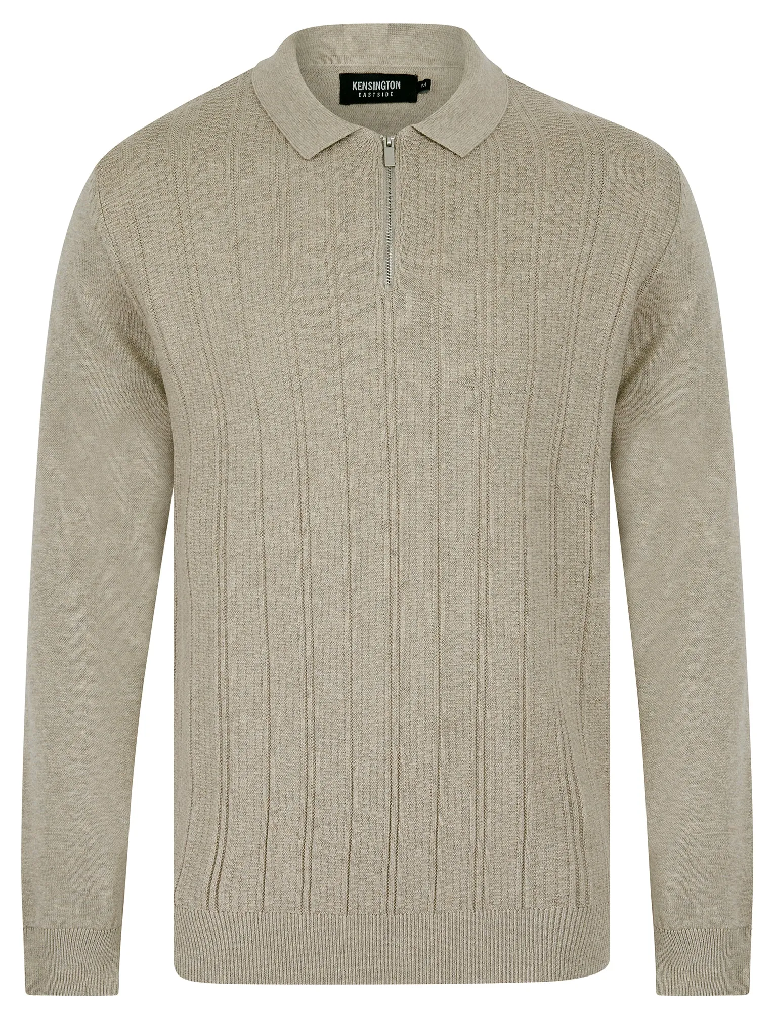 Bowditch Long Sleeve Knitted Cotton Textured Stripe Polo Shirt with Zip Fasten Collar in Stone Marl - Kensington Eastside sold by Tokyo Laundry
