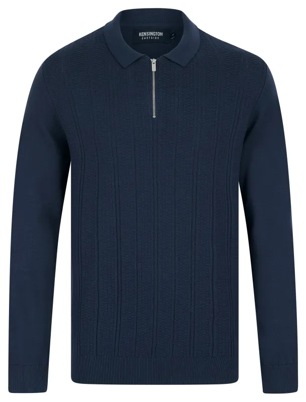 Bowditch Long Sleeve Knitted Cotton Textured Stripe Polo Shirt with Zip Fasten Collar in Denim - Kensington Eastside sold by Tokyo Laundry
