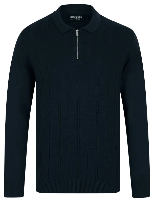 Bowditch Long Sleeve Knitted Cotton Textured Stripe Polo Shirt with Zip Fasten Collar in Ink - Kensington Eastside sold by Tokyo Laundry
