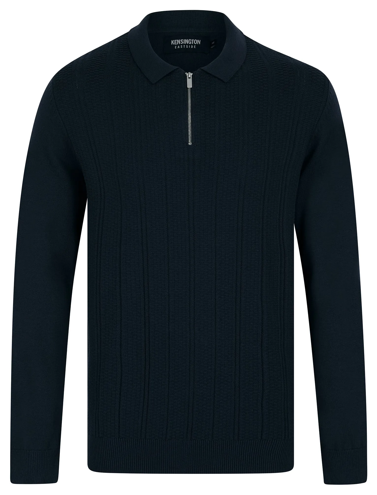 Bowditch Long Sleeve Knitted Cotton Textured Stripe Polo Shirt with Zip Fasten Collar in Ink - Kensington Eastside sold by Tokyo Laundry