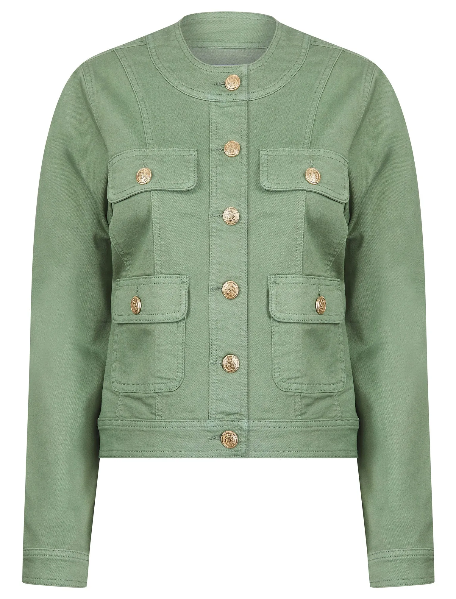 Morlich Women's Stretch Cotton Collarless Denim Jacket in Sage Green - Amara Reya sold by Tokyo Laundry
