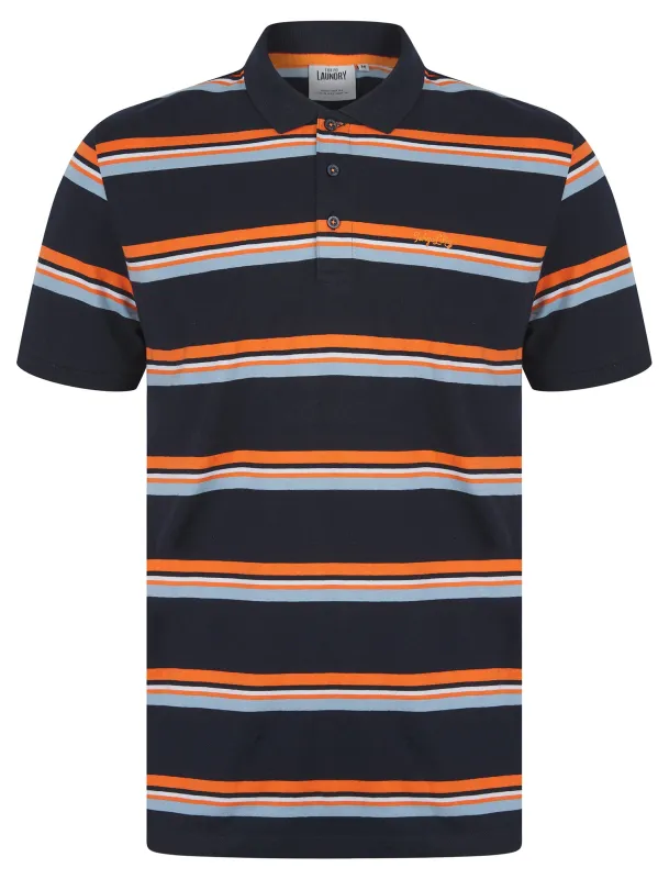 Haydin Yarn Dyed Stripe Cotton Pique Polo Shirt in Sky Captain Navy - Tokyo Laundry sold by Tokyo Laundry