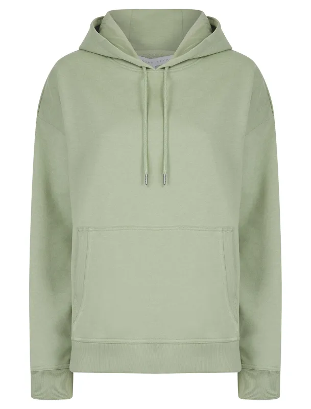 Script Plain Long Line Oversize Drop Shoulder Crew Neck Brushback Fleece Hooded Sweatshirt in Sage Green - Amara Reya sold by Tokyo Laundry