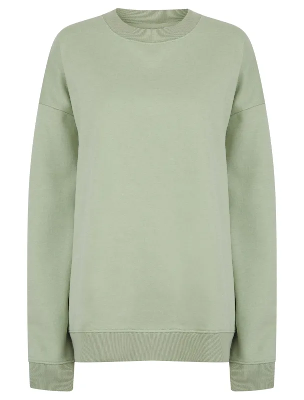Kelster Plain Long Line Oversize Drop Shoulder Crew Neck Brushback Fleece Sweatshirt in Sage Green - Amara Reya sold by Tokyo Laundry