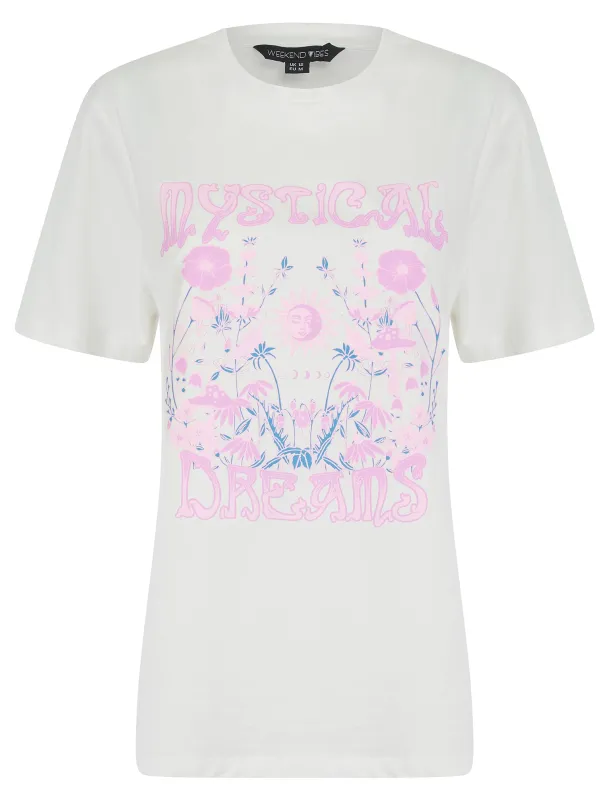 Dreamer Graphic Motif Cotton Jersey Crew Neck T-Shirt in Cream - Weekend Vibes sold by Tokyo Laundry