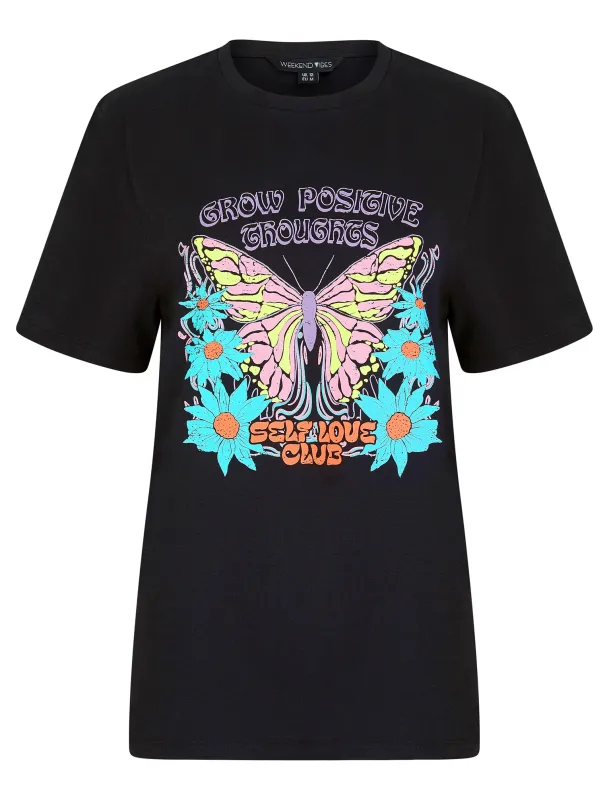 Butterfly Graphic Motif Cotton Jersey Crew Neck T-Shirt in Jet Black - Weekend Vibes sold by Tokyo Laundry