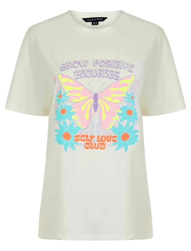 Butterfly Graphic Motif Cotton Jersey Crew Neck T-Shirt in Cream - Weekend Vibes sold by Tokyo Laundry