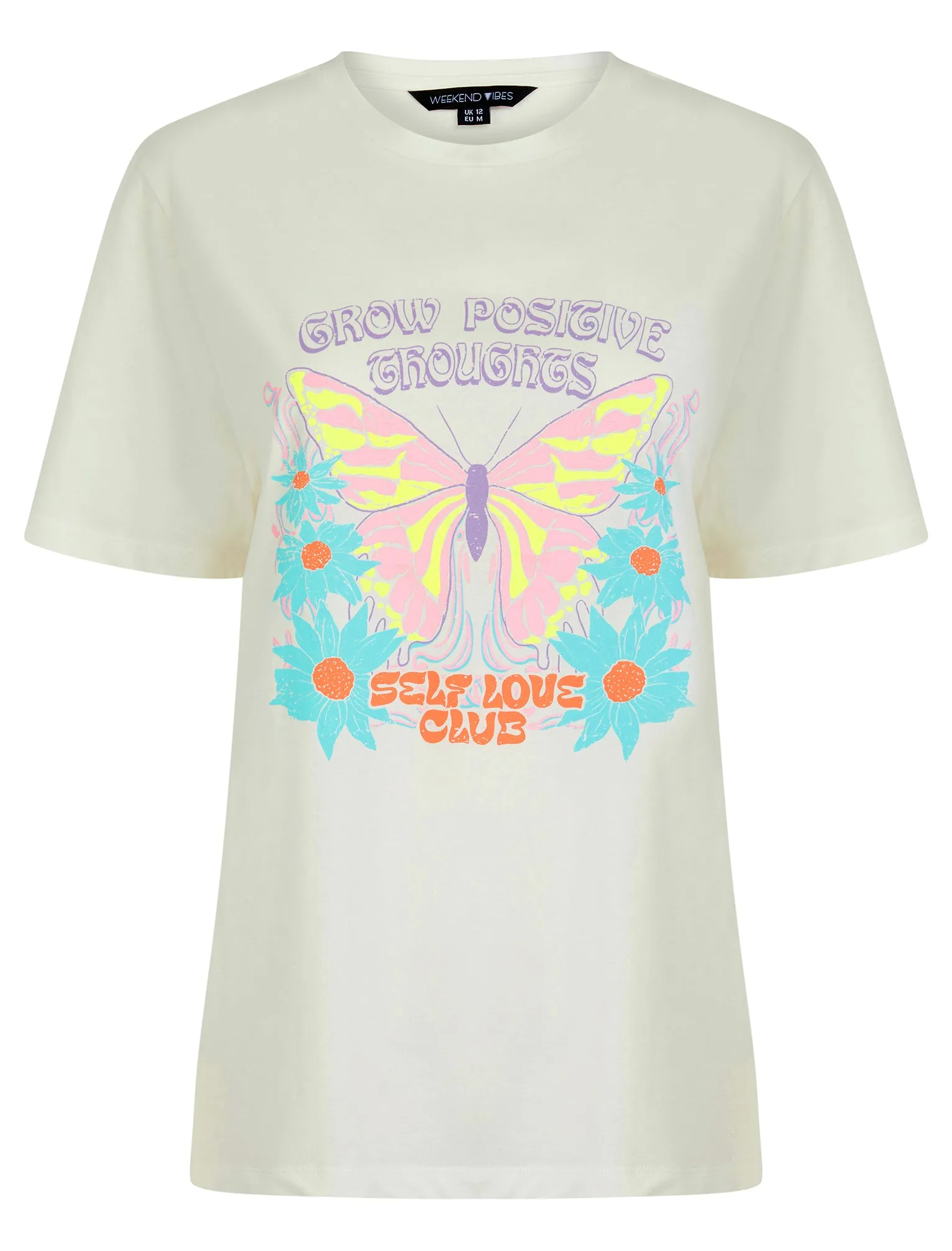 Butterfly Graphic Motif Cotton Jersey Crew Neck T-Shirt in Cream - Weekend Vibes sold by Tokyo Laundry