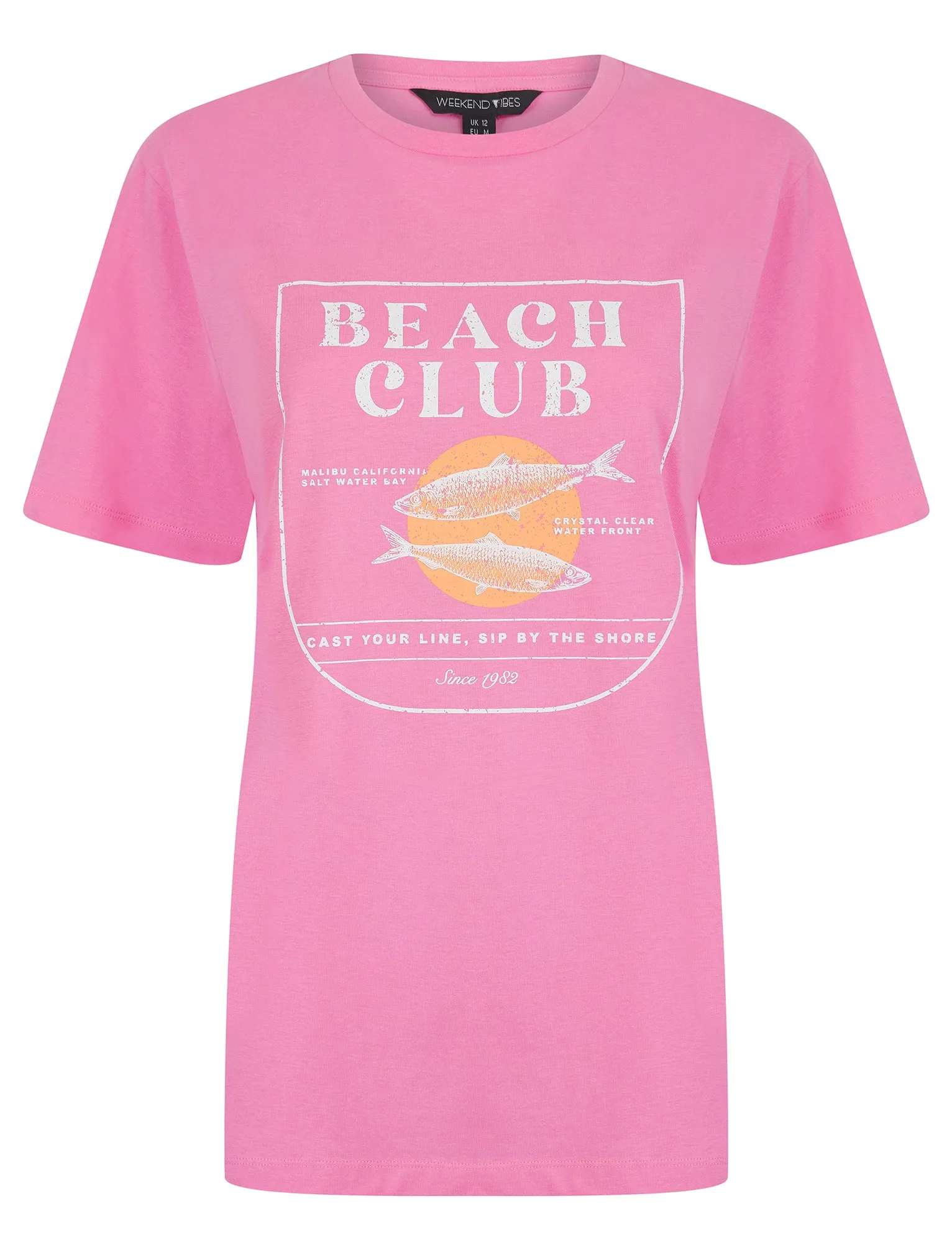 Sardine Graphic Motif Cotton Jersey Crew Neck T-Shirt in Pink Cosmos - Weekend Vibes sold by Tokyo Laundry