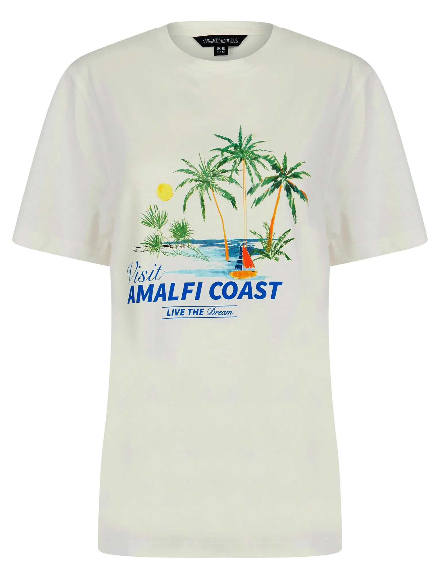 Amalfi Graphic Motif Cotton Jersey Crew Neck T-Shirt in Cream - Weekend Vibes sold by Tokyo Laundry