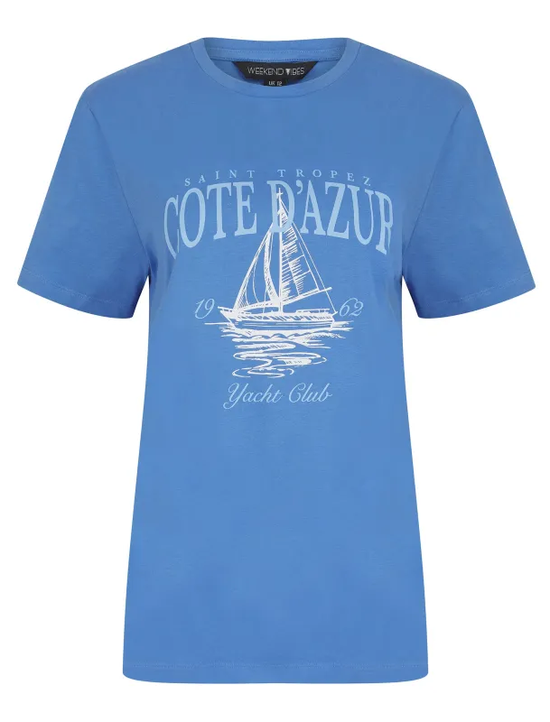 Tropez Graphic Motif Cotton Jersey Crew Neck T-Shirt in Baja Blue - Weekend Vibes sold by Tokyo Laundry