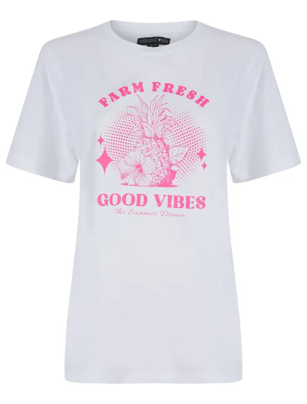 Zesty Graphic Motif Cotton Jersey Crew Neck T-Shirt in Optic White - Weekend Vibes sold by Tokyo Laundry