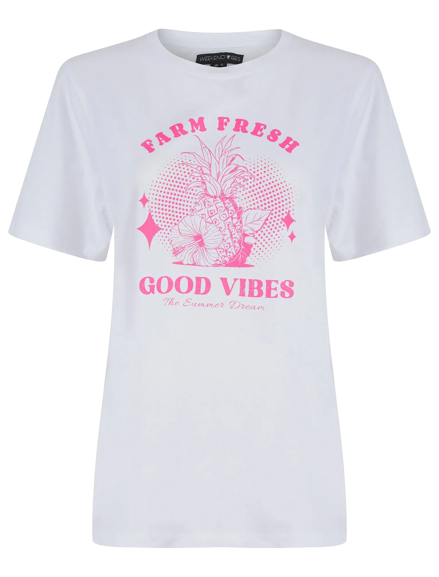 Zesty Graphic Motif Cotton Jersey Crew Neck T-Shirt in Optic White - Weekend Vibes sold by Tokyo Laundry