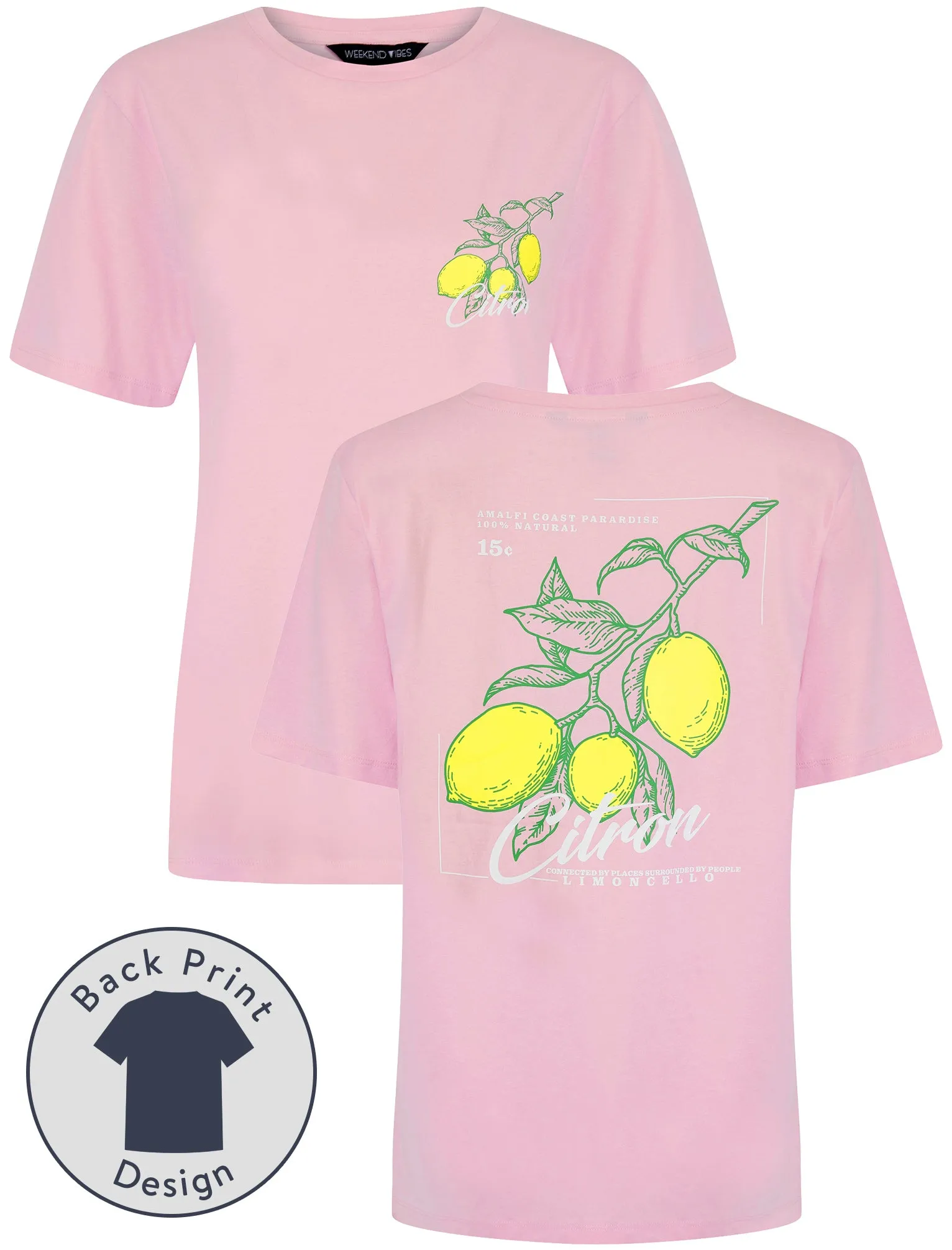 Citron Graphic Motif Cotton Crew Neck T-Shirt with Back-Print in Pink Lady - Weekend Vibes sold by Tokyo Laundry