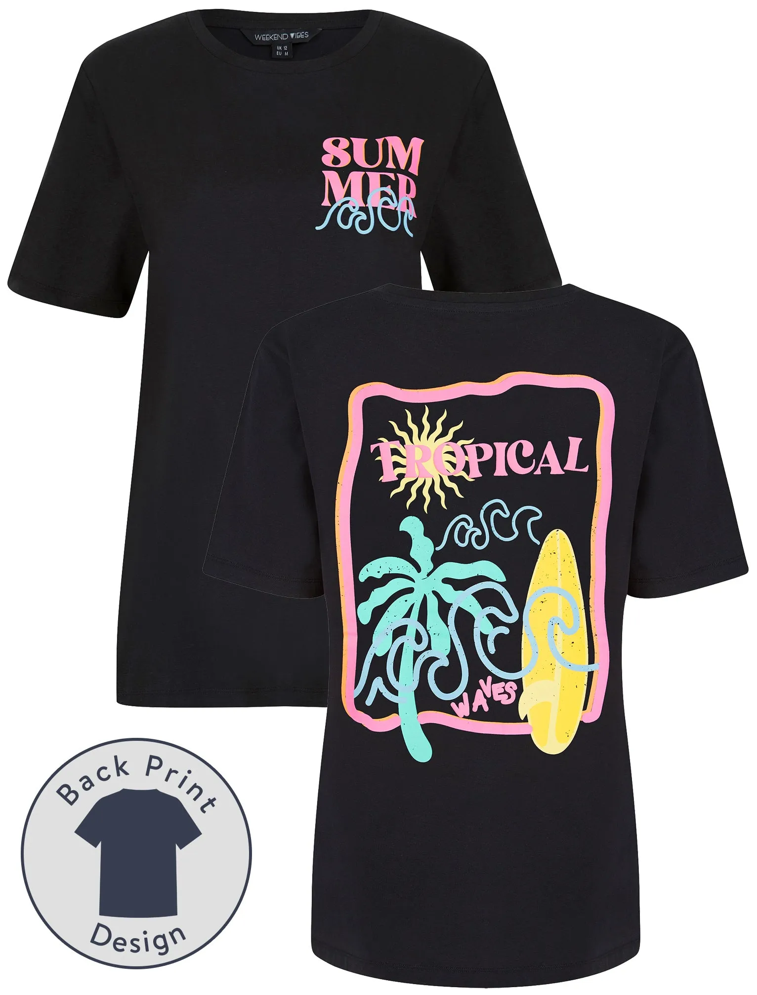 Surfy Graphic Motif Cotton Crew Neck T-Shirt with Back-Print in Jet Black - Weekend Vibes sold by Tokyo Laundry