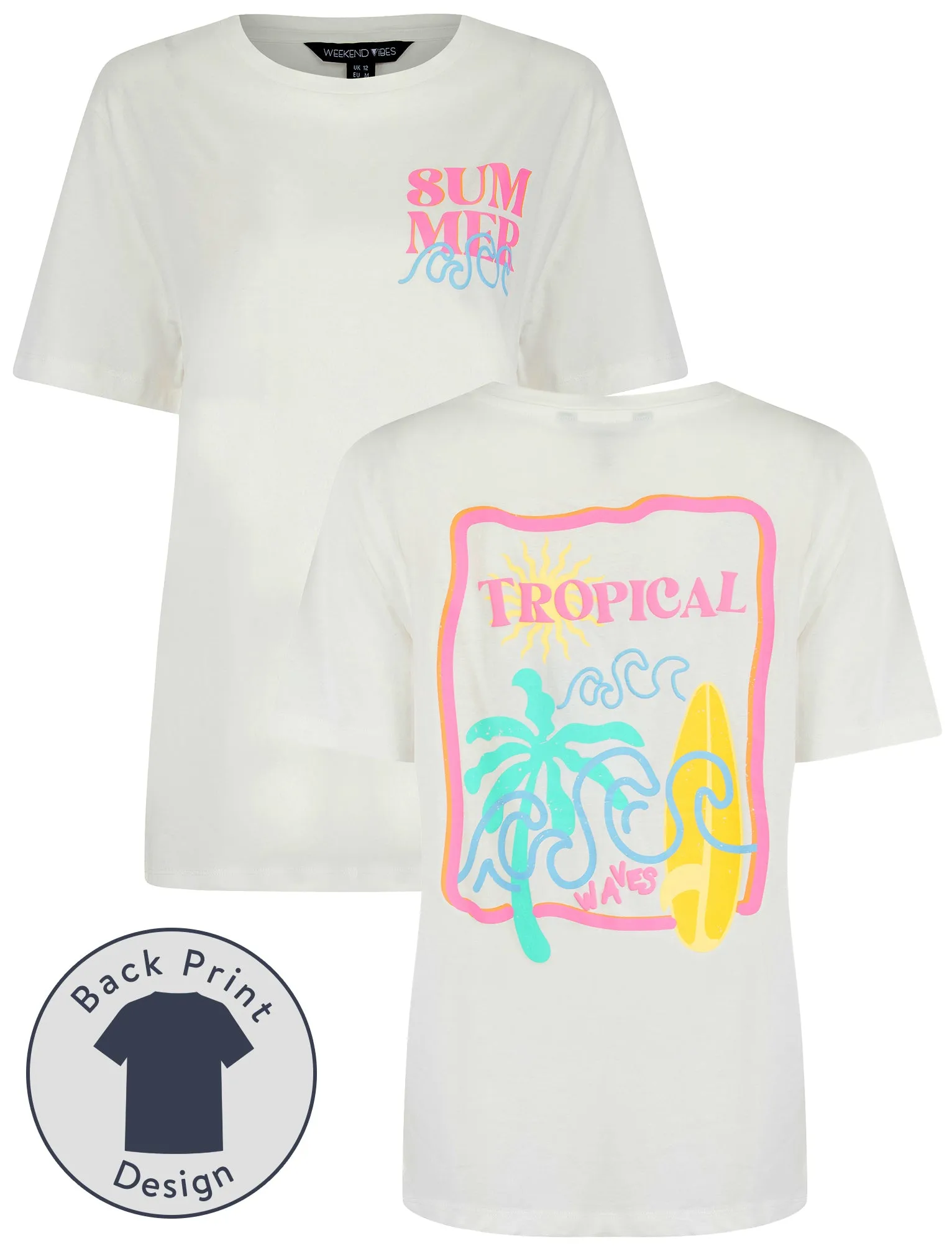 Surfy Graphic Motif Cotton Crew Neck T-Shirt with Back-Print in Cream - Weekend Vibes sold by Tokyo Laundry