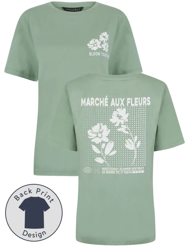 Coleman Graphic Motif Cotton Crew Neck T-Shirt with Back-Print in Green Bay - Weekend Vibes made by Tokyo Laundry
