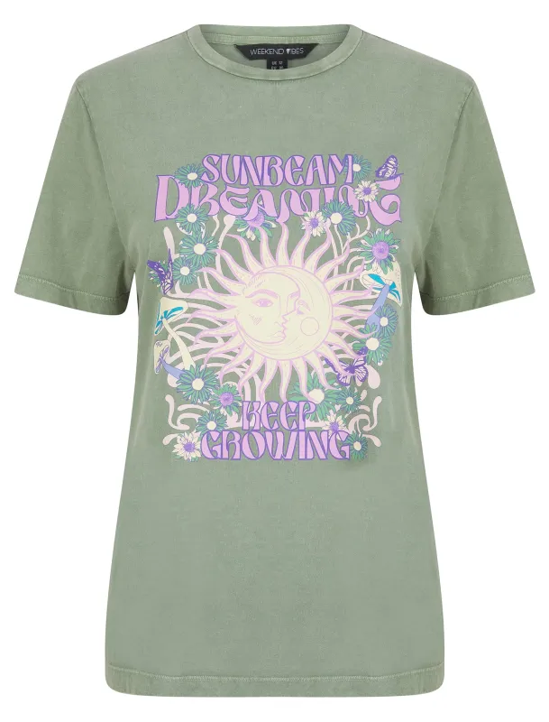 Sunbeam Graphic Motif Cotton Jersey Crew Neck Acid Wash T-Shirt in Sage - Weekend Vibes sold by Tokyo Laundry