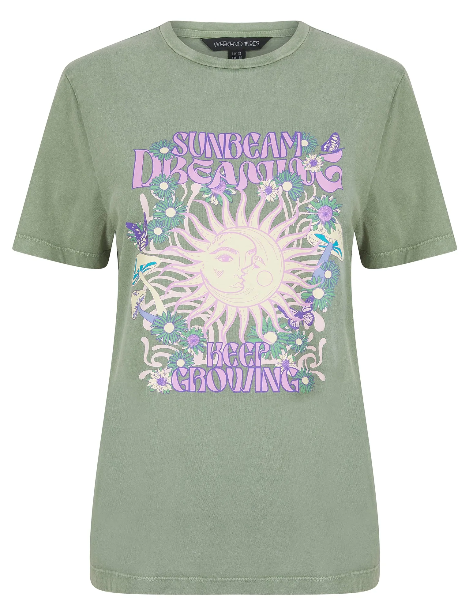 Sunbeam Graphic Motif Cotton Jersey Crew Neck Acid Wash T-Shirt in Sage - Weekend Vibes sold by Tokyo Laundry