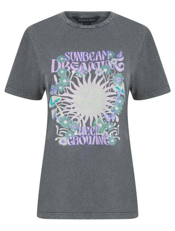 Sunbeam Graphic Motif Cotton Jersey Crew Neck Acid Wash T-Shirt in Charcoal - Weekend Vibes sold by Tokyo Laundry