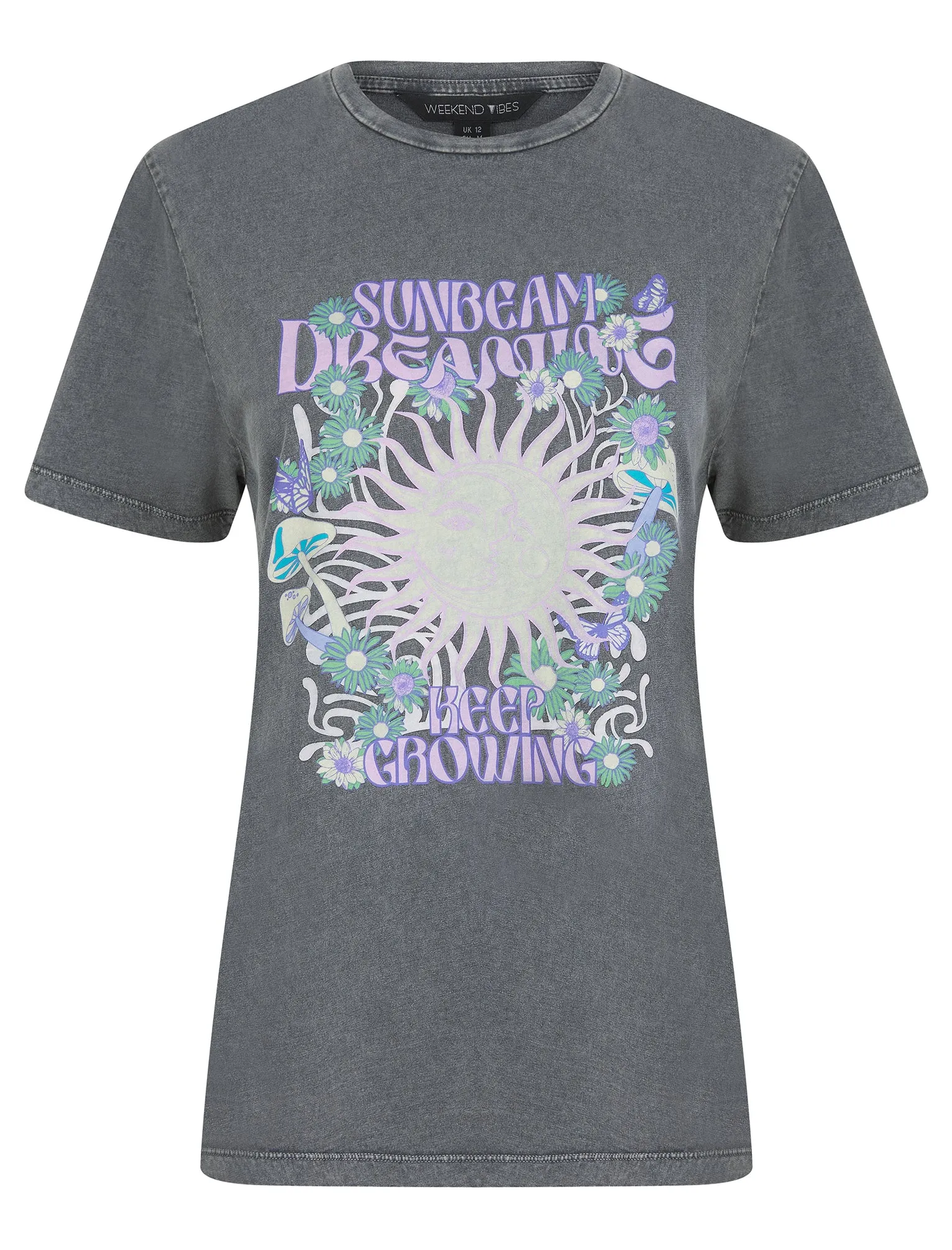 Sunbeam Graphic Motif Cotton Jersey Crew Neck Acid Wash T-Shirt in Charcoal - Weekend Vibes sold by Tokyo Laundry