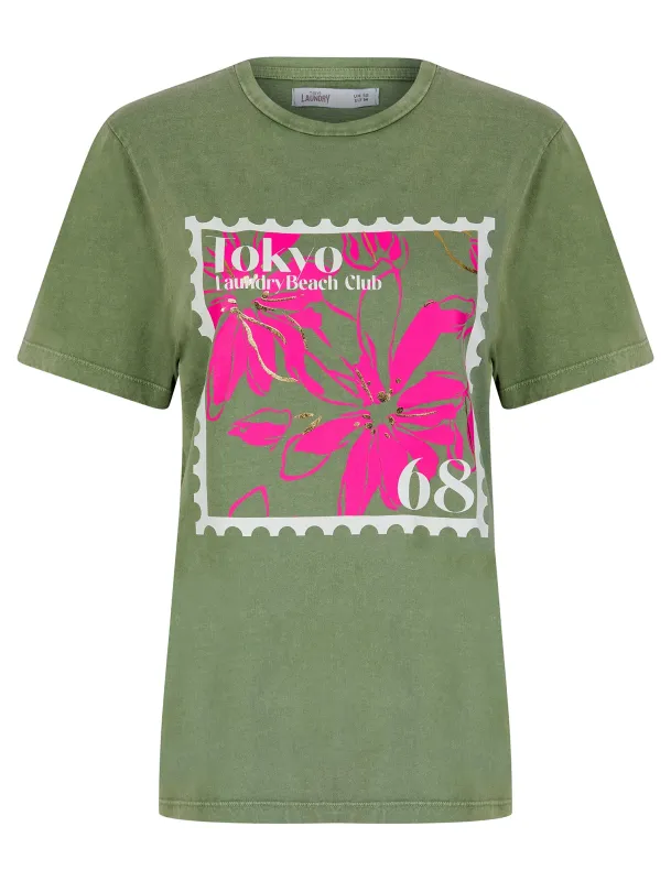 Poster Graphic Motif Cotton Jersey Crew Neck Acid Wash T-Shirt in Sage - Tokyo Laundry sold by Tokyo Laundry
