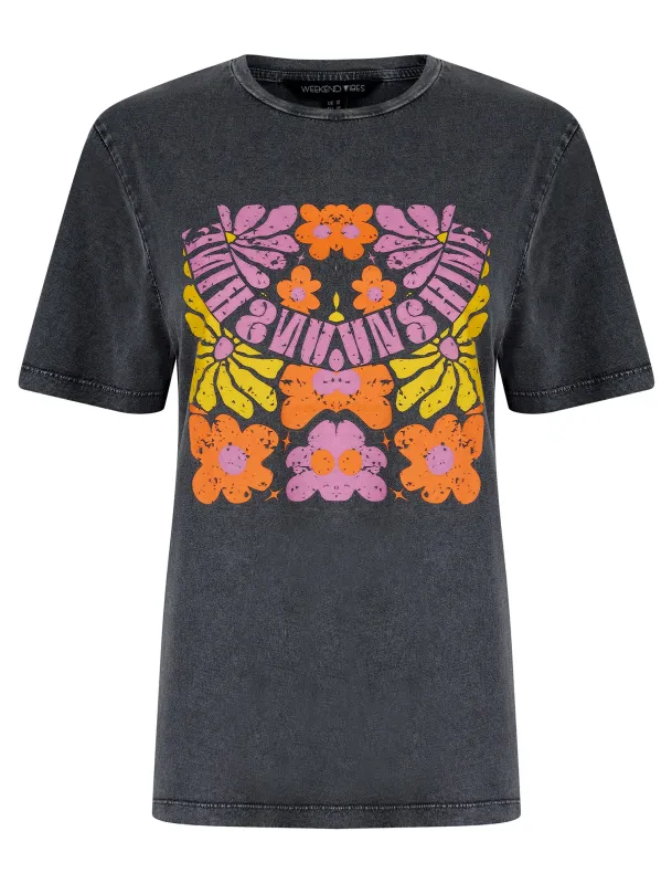 Caprice Graphic Motif Cotton Jersey Crew Neck Acid Wash T-Shirt in Charcoal - Weekend Vibes sold by Tokyo Laundry