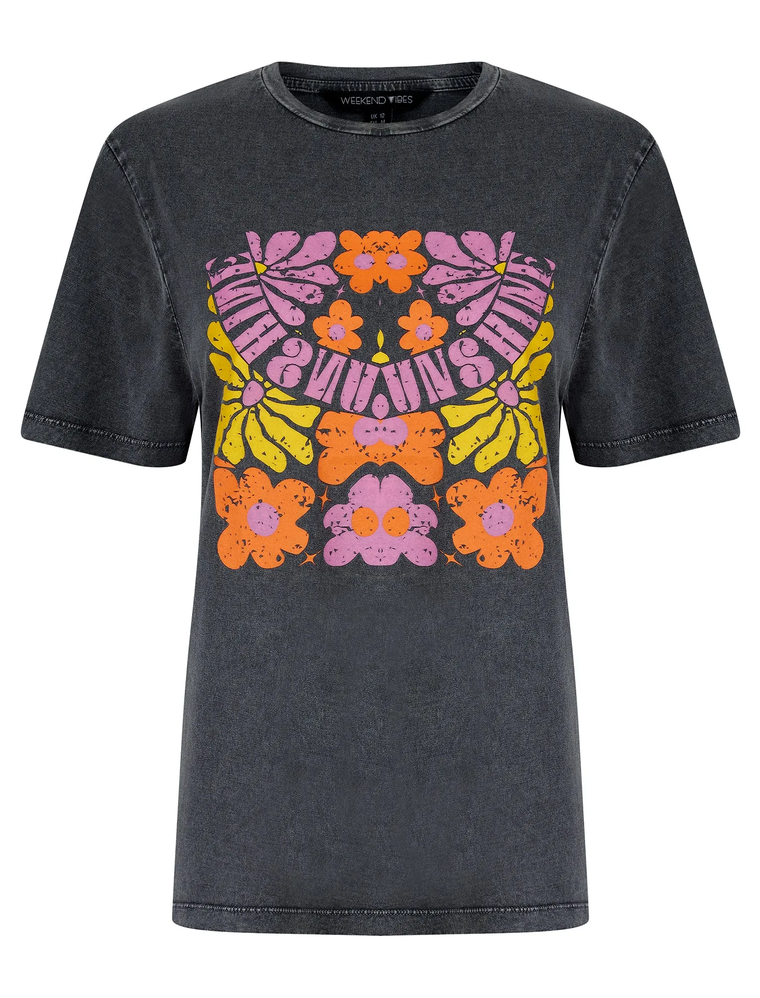 Caprice Graphic Motif Cotton Jersey Crew Neck Acid Wash T-Shirt in Charcoal - Weekend Vibes sold by Tokyo Laundry