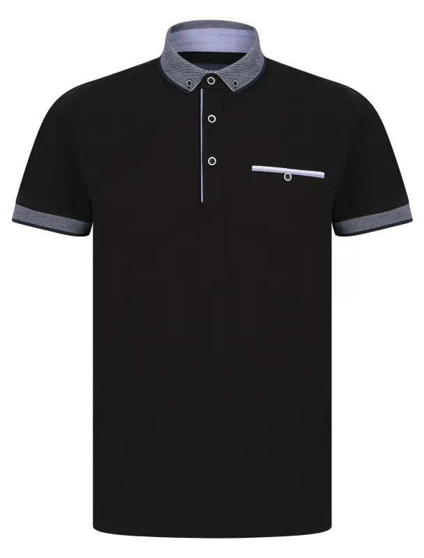 Riddle Stretch Cotton Jersey Button Down Collar Polo Shirt in Jet Black - Kensington Eastside sold by Tokyo Laundry